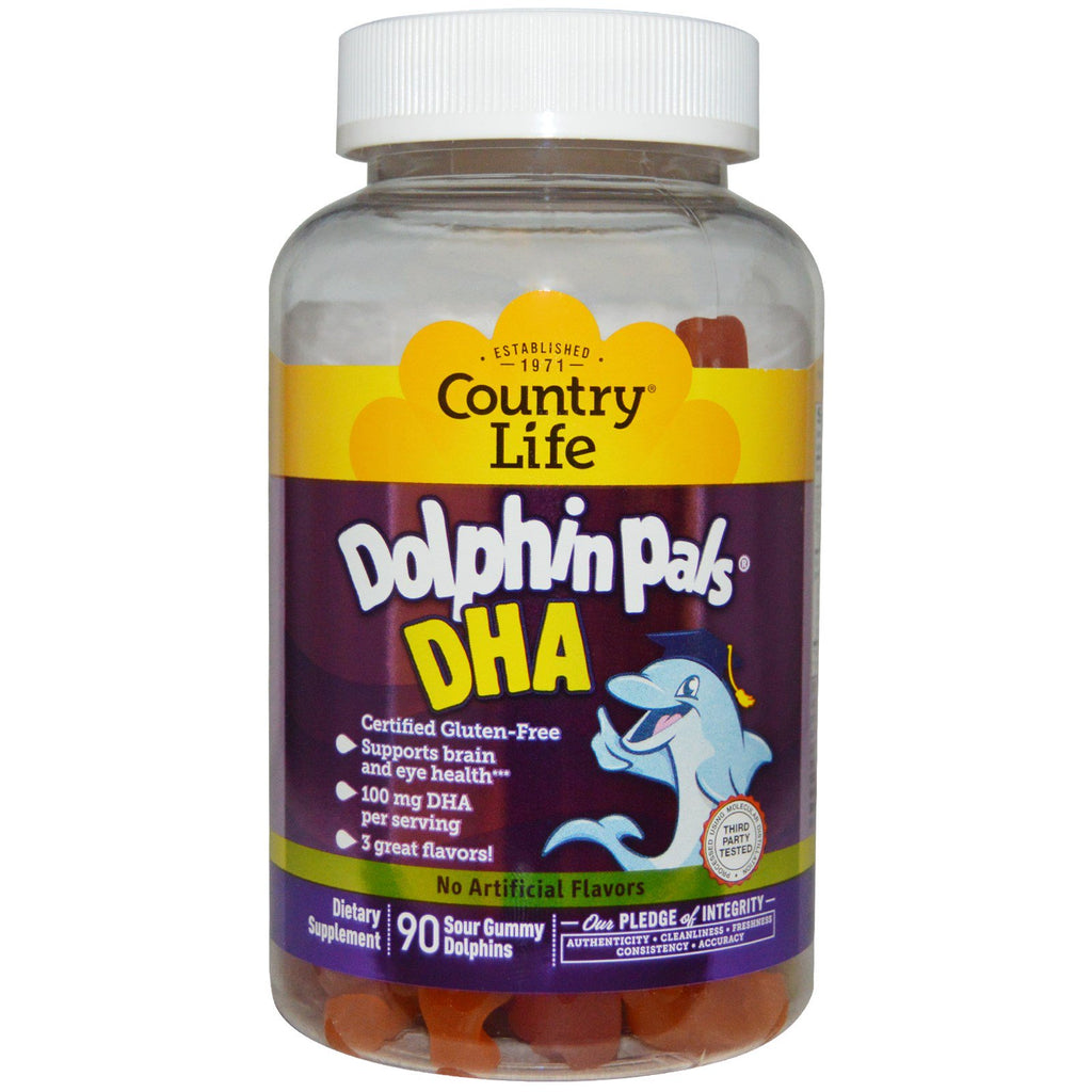 Country Life, Dolphin Pals، DHA، 3 نكهات رائعة، 90 حلوى صمغية حامضة من الدلافين