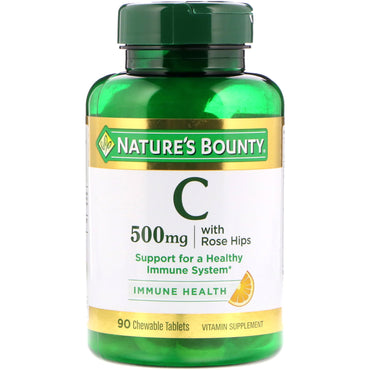 Nature's Bounty, 로즈힙 함유 비타민 C, 천연 오렌지 맛, 500 mg, 츄어블 정제 90정