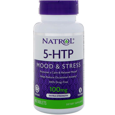 Natrol, 5-HTP, Time Release, Ekstra Styrke, 100 mg, 45 tabletter