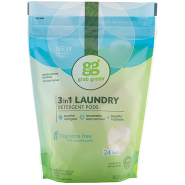 GrabGreen, 3-in-1 Laundry Detergent Pods, Fragrance Free, 24 Loads, 15.2 oz (432 g)