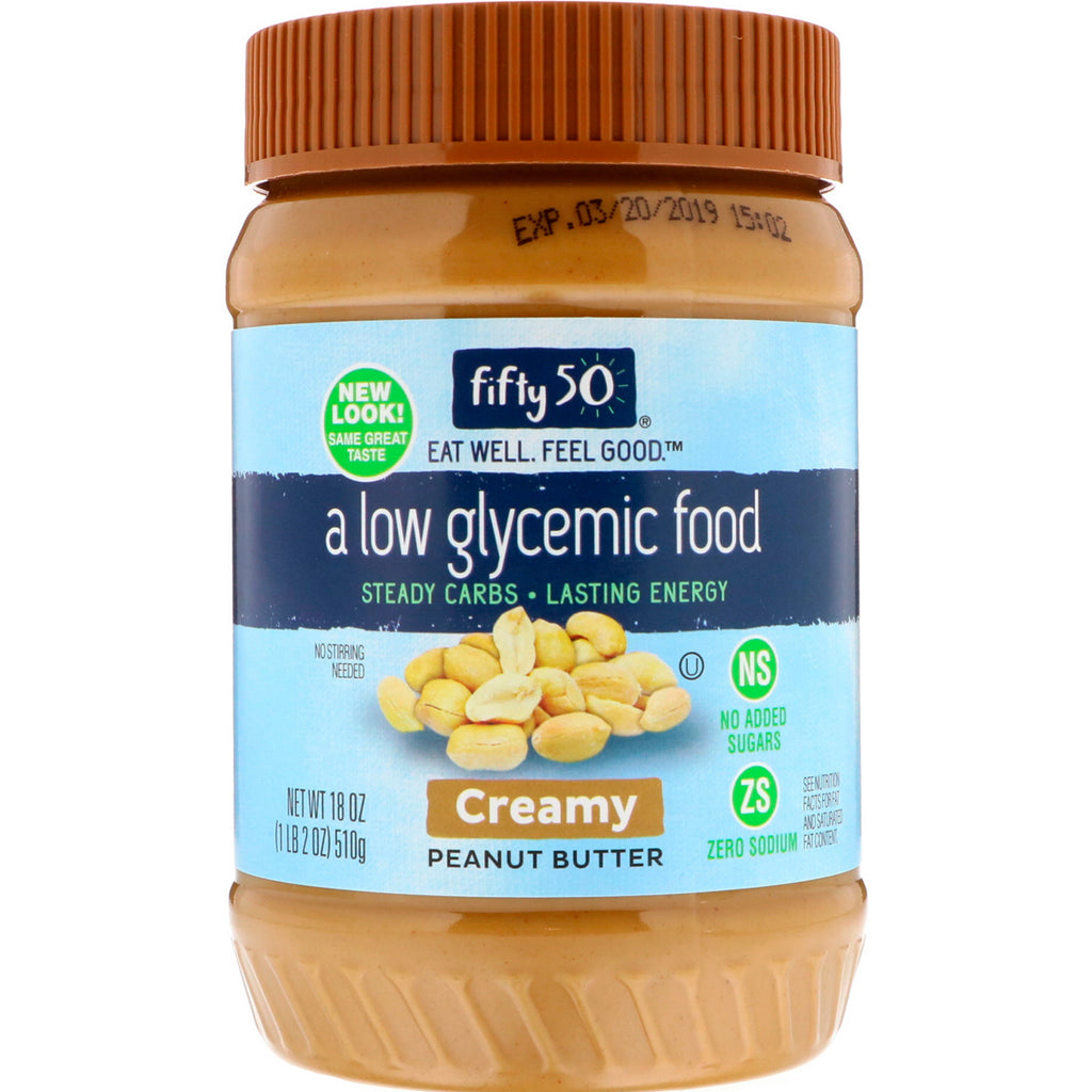 Fifty 50, Beurre de cacahuète à faible indice glycémique, crémeux, 18 oz (510 g)