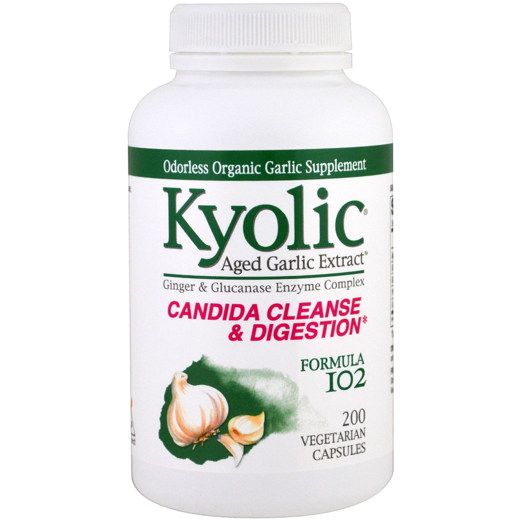 Wakunaga - Kyolic, extrait d'ail vieilli, nettoyage et digestion de Candida, formule 102, 200 gélules végétariennes