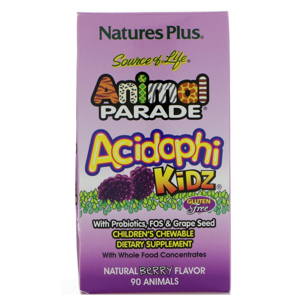 Nature's Plus, Parada zwierząt źródła życia, AcidophiKidz, produkt do żucia dla dzieci, naturalna jagoda, 90 zwierząt