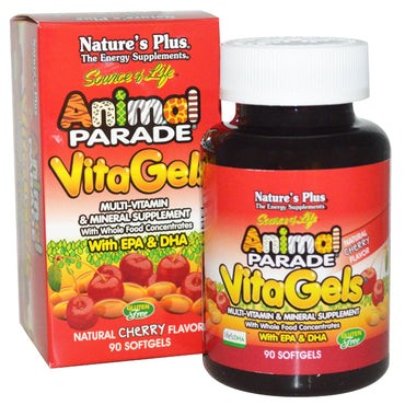 Nature's Plus, Sursa vieții, Animal Parade, VitaGels, Multi-Vitamine & Mineral Suppliment, Aromă naturală de cireșe, 90 de capsule moi