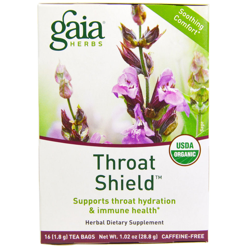 Gaia Herbs, 喉シールド、カフェインフリー、ティーバッグ 16 個、1.02 オンス (28.8 g)