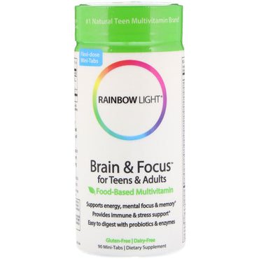 Rainbow Light, Brain &amp; Focus para adolescentes y adultos, multivitamínico a base de alimentos, 90 minicomprimidos