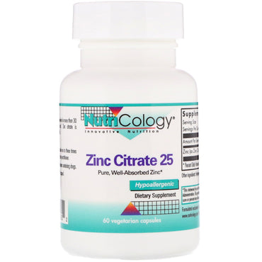 Nutricologie, citrate de zinc 25, 60 gélules végétariennes
