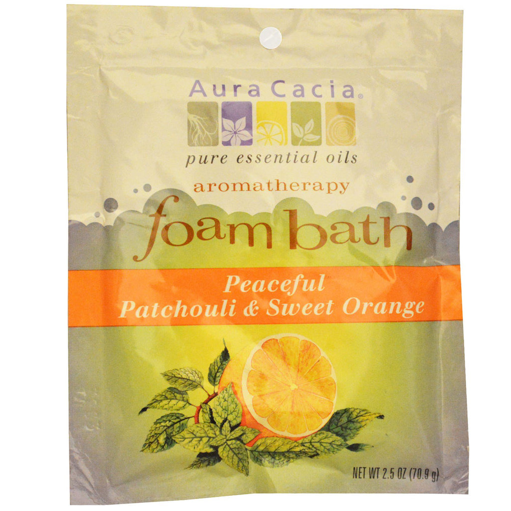 Aura Cacia, aromatherapie schuimbad, vredige patchouli en zoete sinaasappel, 2,5 oz (70,9 g)