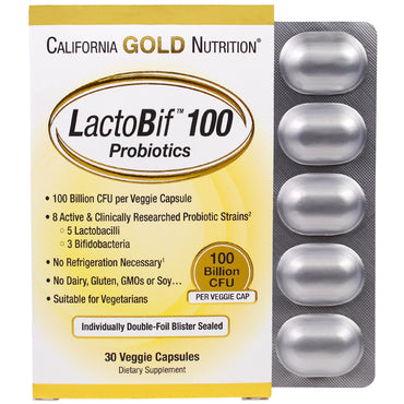 California Gold Nutrition, probióticos lactobif, 100 bilhões de UFC, 30 cápsulas vegetais