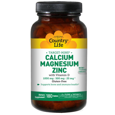 Country Life, Target-Mins, Calcium Magnésium Zinc, 180 comprimés