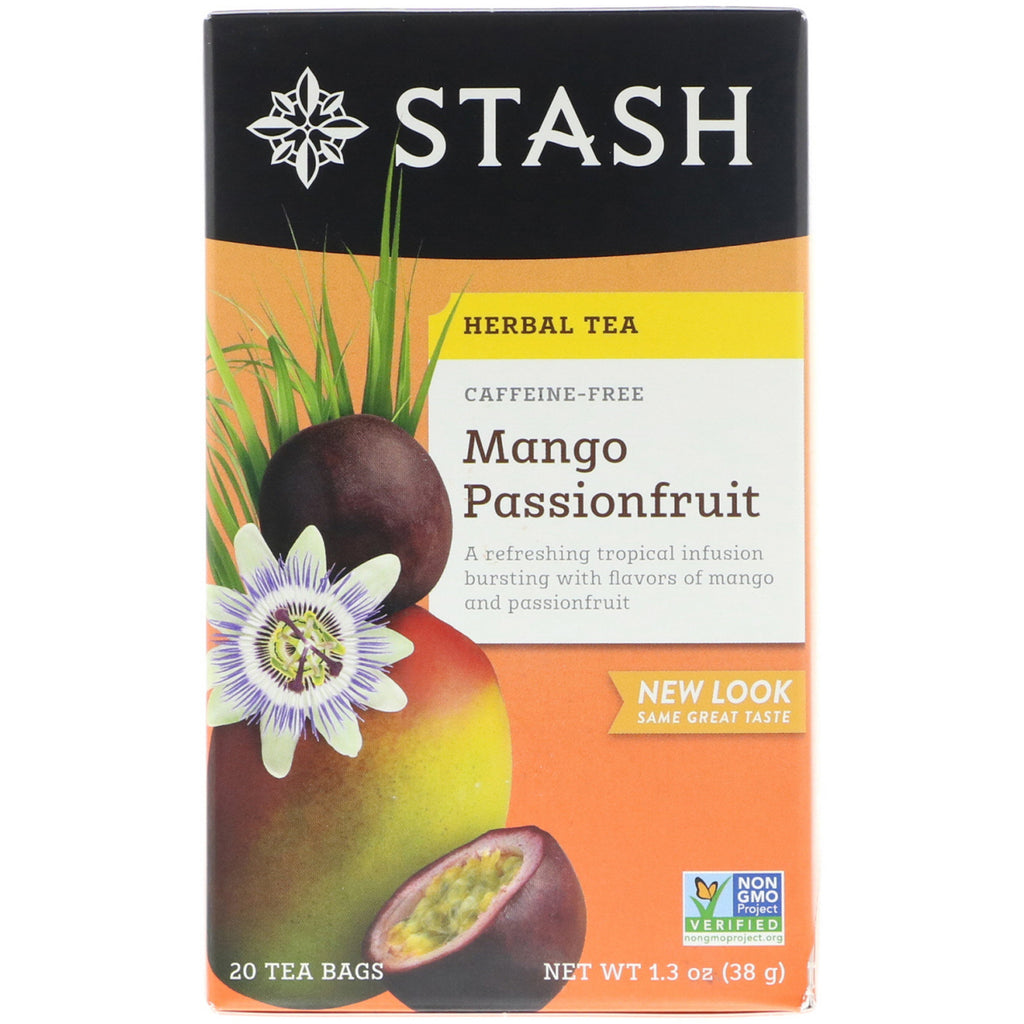 Stash Tea, Ceai din plante, Fructul pasiunii de mango, fără cofeină, 20 pliculete de ceai, 1,3 oz (38 g)