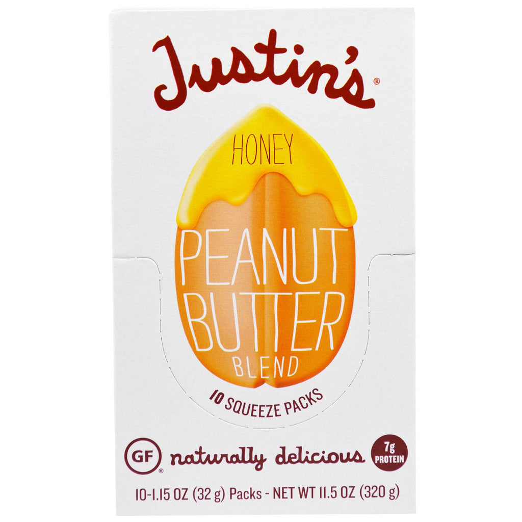 Justin's nøddesmør, honning jordnøddesmør blanding, 10 squeeze Packs, 1,15 oz (32 g) pr.