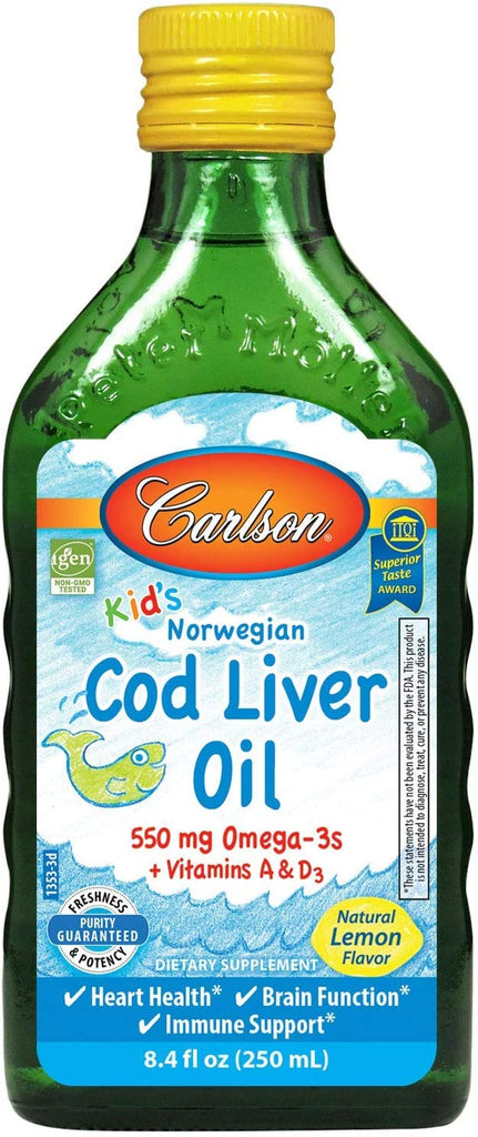 Óleo de fígado de bacalhau infantil Carlson Labs, 550 mg de limão natural, 250 ml, 1353