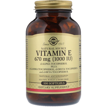 Solgar, vitamina E natural, 1000 UI, 100 cápsulas moles