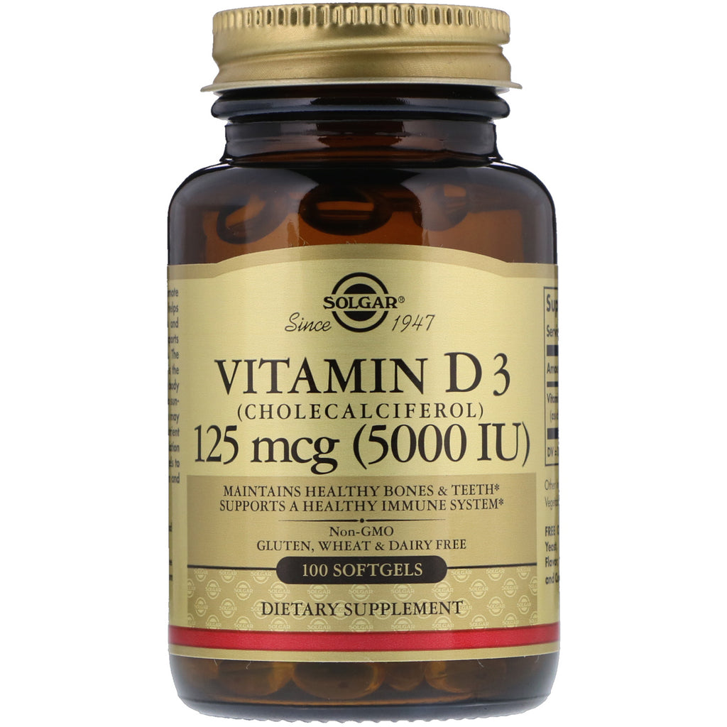 Solgar, vitamina d3, colecalciferol, 5.000 UI, 100 cápsulas moles