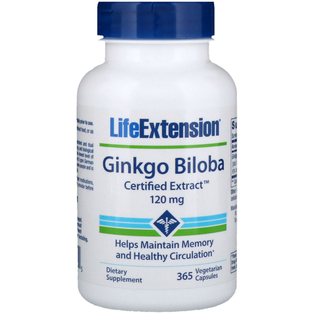 Life Extension, Ginkgo Biloba, certificeret ekstrakt, 120 mg, 365 vegetariske kapsler
