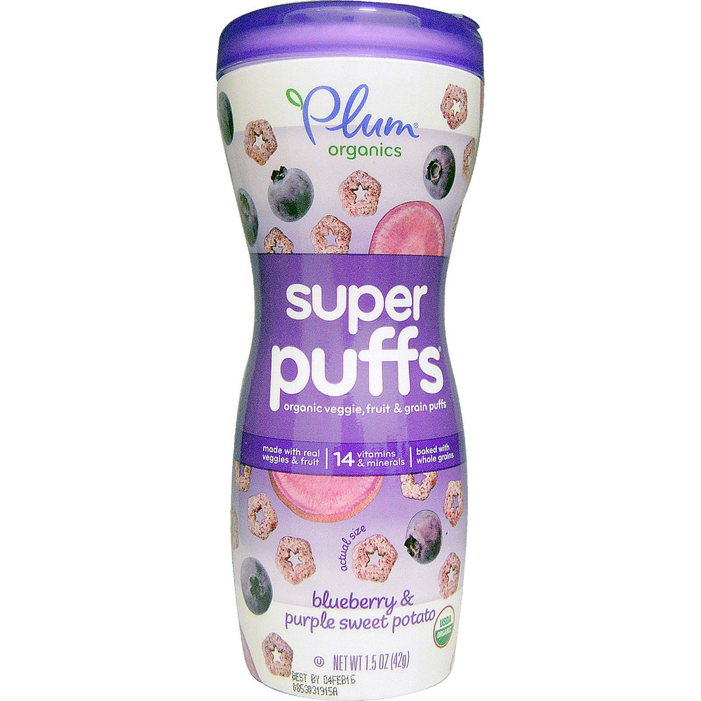 Plum s Super Puffs Bocadillos vegetales de frutas y cereales, arándanos y batata morada 1,5 oz (42 g)