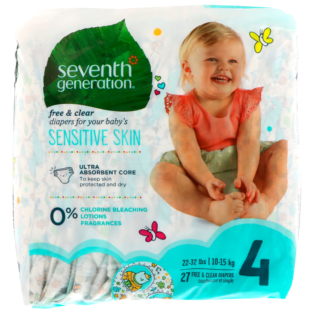 Seventh Generation, Baby, Free & Clear Diapers, Size 4, 22-32 Pounds (10-15 kg), 27 Diapers