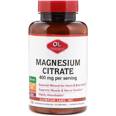 Olympian Labs Inc., Citrate de magnésium, 400 mg, 100 capsules végétariennes