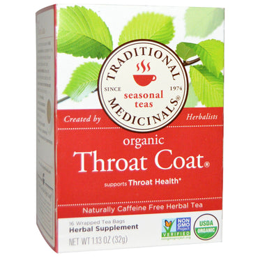 Traditional Medicinals, Seasonal Teas, Throat Coat, naturalmente sin cafeína, 16 bolsitas de té envueltas, 1,13 oz (32 g)