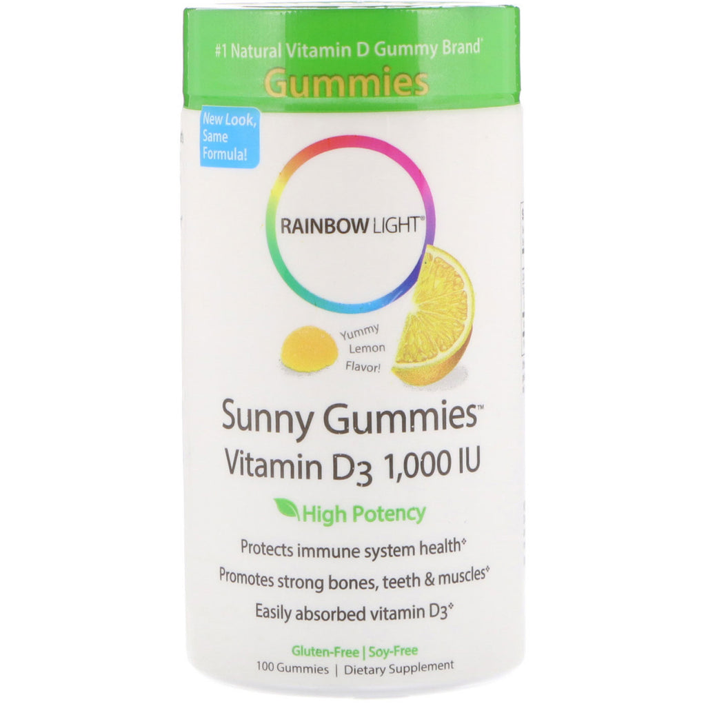 Rainbow light, sunny gummies vitamina d3, aromă de lămâie, 1.000 ui, 100 gummies