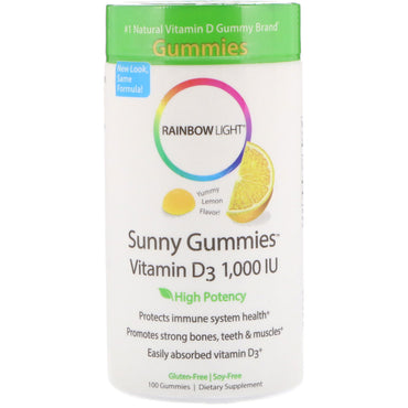 Regnbågsljus, soliga gummiar vitamin d3, citronsmak, 1 000 iu, 100 gummier