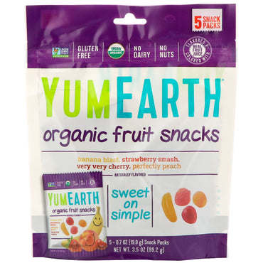 YumEarth, bocadillos de frutas, 5 paquetes, 0,7 oz (19,8 g) cada uno