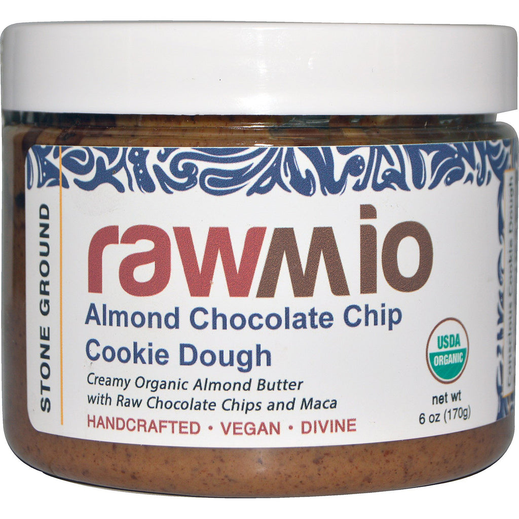Rawmio, בצק עוגיות שוקולד צ'יפס שקדים ממרח עם מאקה, 6 אונקיות (170 גרם)
