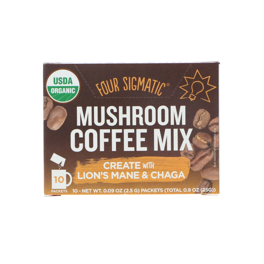 Four Sigmatic, Mushroom Coffee Mix, Fruitig + Medium, 10 Pakketten, elk 0,09 oz (2,5 g)