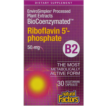 Natuurlijke factoren, bioco-enzym, B2, riboflavine 5'-fosfaat, 50 mg, 30 vegetarische capsules