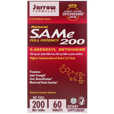 Jarrow Formulas, SAM-e natural (S-adenosil-L-metionina) 200, 200 mg, 60 tabletas con recubrimiento entérico