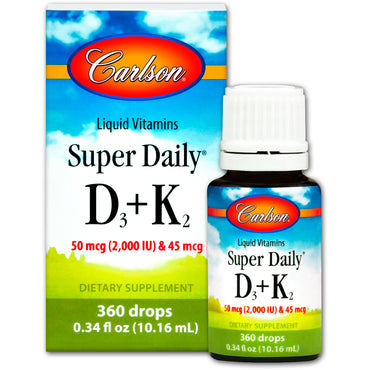 Carlson Labs, vitamine lichide, Super Daily D3+K2, 50 mcg (2.000 UI) și 45 mcg, 0,34 fl oz (10,16 ml)