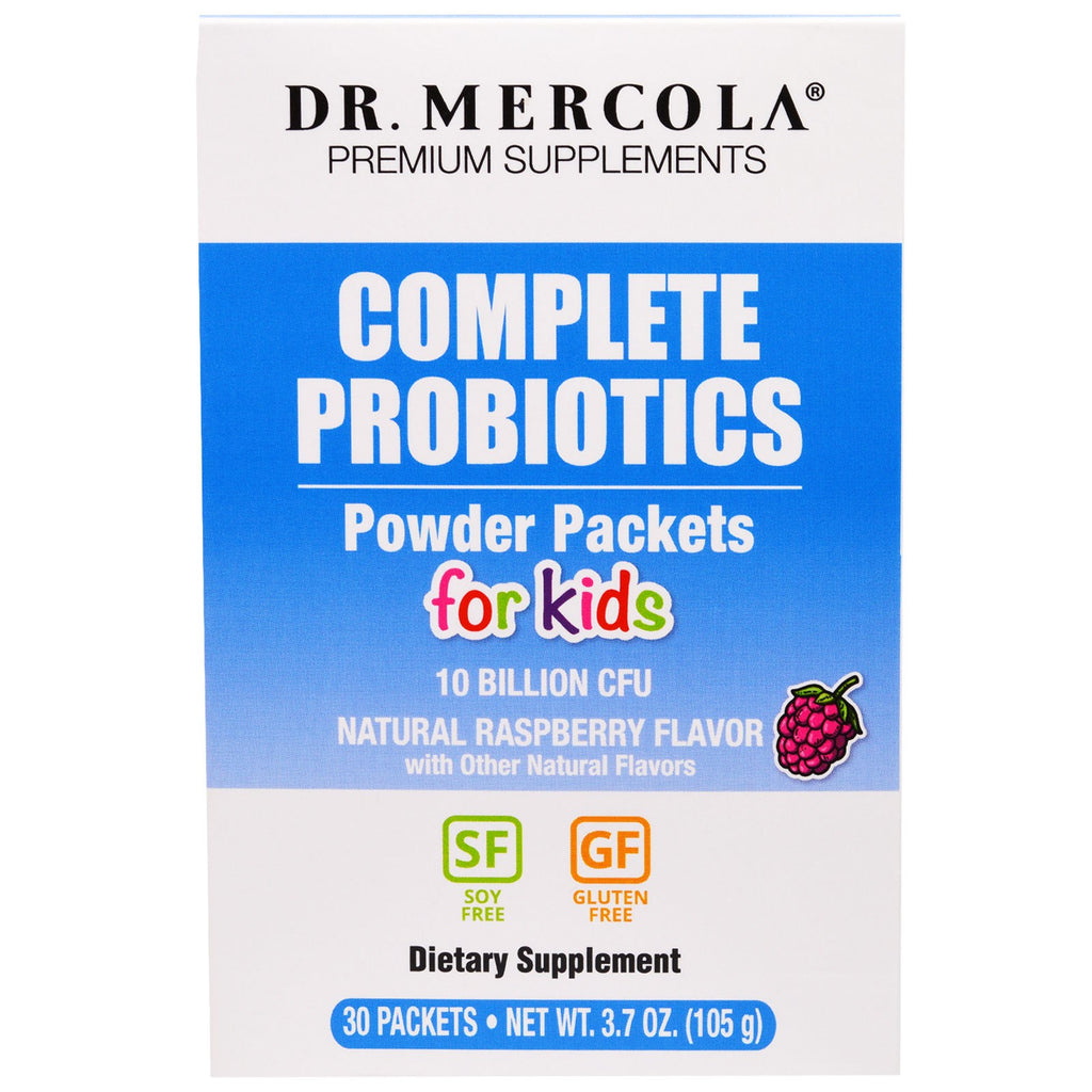 Dr. Mercola, Kompletne pakiety probiotyków w proszku dla dzieci, naturalny aromat malinowy, 30 opakowań, 0,12 uncji (3,5 g) każde
