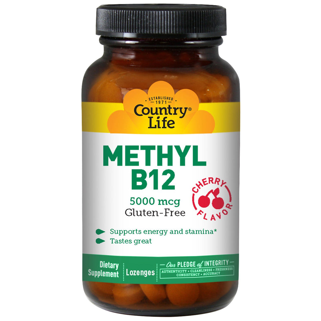 Country Life, Metyl B12, Aromat Wiśniowy, 5000 mcg, 60 pastylek do ssania