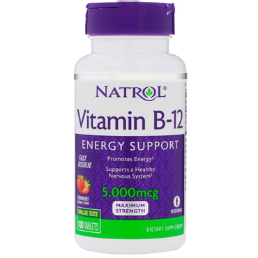 Natrol, Vitamina B-12, Sabor a fresa, 5000 mcg, 100 tabletas