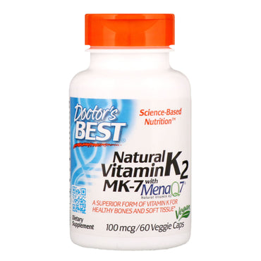 Doctor's Best, Vitamina K2 MK-7 Natural com MenaQ7, 100 mcg, 60 Cápsulas Vegetais