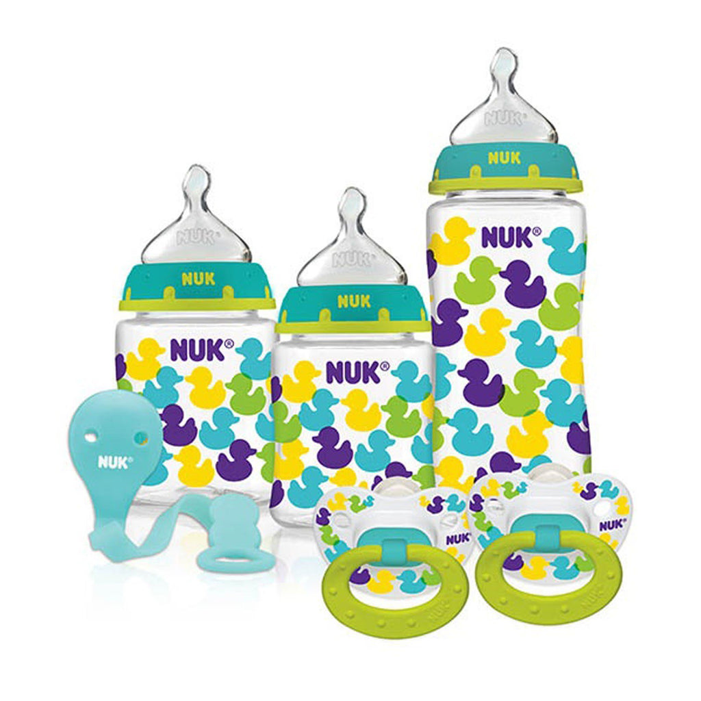 NUK, مجموعة هدايا للمبتدئين من الزجاجات ذات الحلمات واللهايات الملائمة تمامًا، البط، 0+ أشهر، مجموعة واحدة