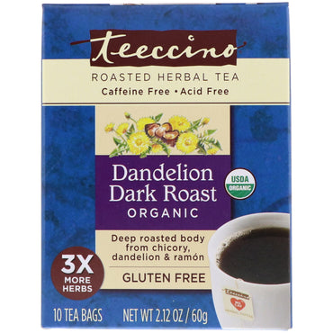 Teeccino, té de hierbas de achicoria, diente de león tostado oscuro, sin cafeína, 10 bolsitas de té, 2,12 oz (60 g)