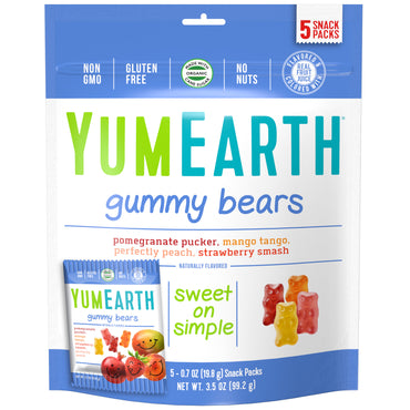 YumEarth, Gummy Bears, Assorted Flavors, 5 Snack Packs, 0,7 oz (19,8 g) hver