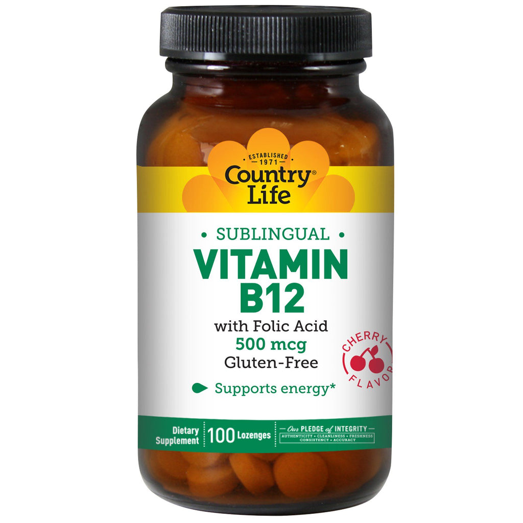 Country Life, Vitamina B12, Sublingual, Sabor a cereza, 500 mcg, 100 pastillas