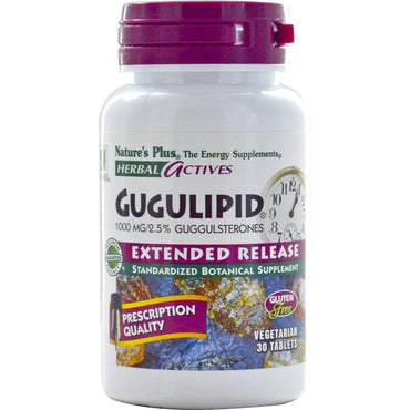 Nature's Plus, activos herbarios, gugulípidos, liberación prolongada, 1000 mg, 30 tabletas vegetales