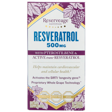 ReserveAge Nutrition, Resvératrol avec Ptérostilbène et Trans-Resvératrol Actif, 500 mg, 60 Capsules Végétales