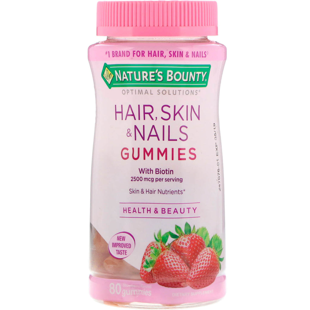 Nature's Bounty Optimal Solutions Hair Skin & Nails Gummies Strawberry Flavored 80 Gummies