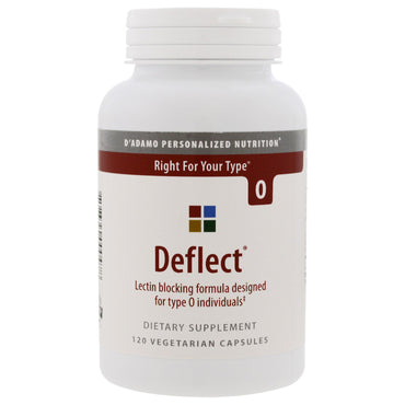 D'adamo, Deflect، تركيبة مانعة للليكتين، النظام الغذائي لفصيلة الدم 0، 120 كبسولة نباتية