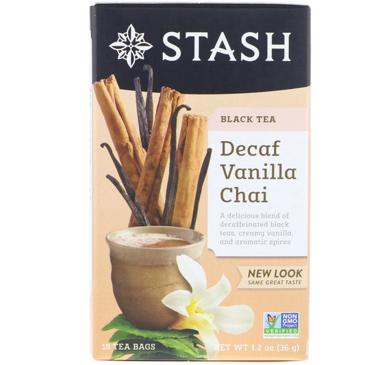 Stash Tea, svart te, koffeinfritt vanilj Chai, 18 tepåsar, 1,2 oz (36 g)