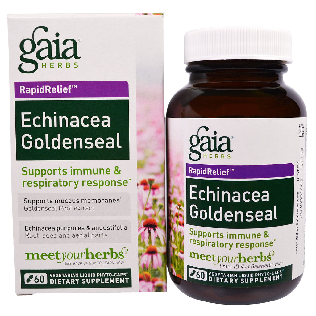Gaia-kruiden, rapidrelief, echinacea goldenseal, 60 vegetarische vloeibare fytocaps