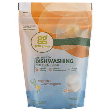 GrabGreen, Automatic Dishwashing Detergent Pods, Tangerine with Lemongrass, 24 Loads, 15.2 oz (432 g)