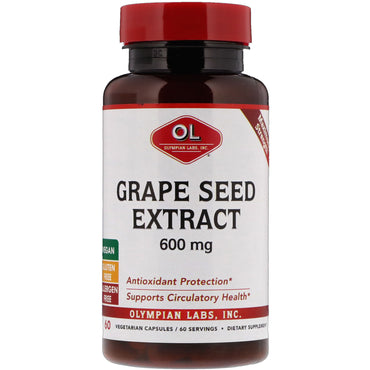Olympian Labs Inc., Extracto de semilla de uva, potencia máxima, 600 mg, 60 cápsulas vegetarianas