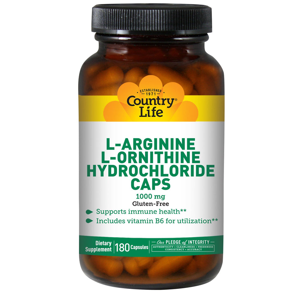 Country Life, L-Arginina L-Ornitină Clorhidrat Capsule, 1000 mg, 180 capsule