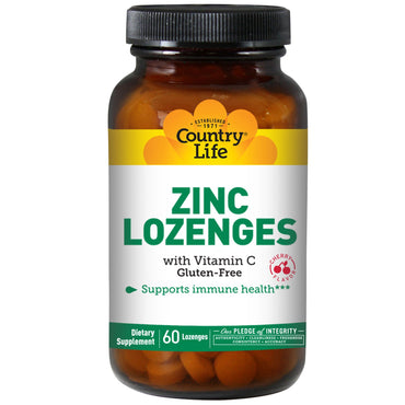Country Life, Pastillas de zinc, con vitamina C, sabor a cereza, 60 pastillas
